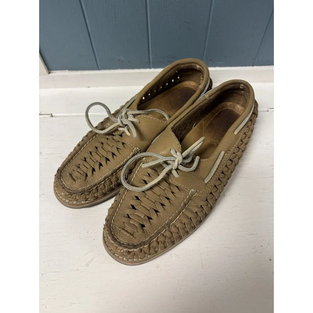 Sperry Tan Leather Sully Woven Boat Shoes‎ Mens Size 8.5